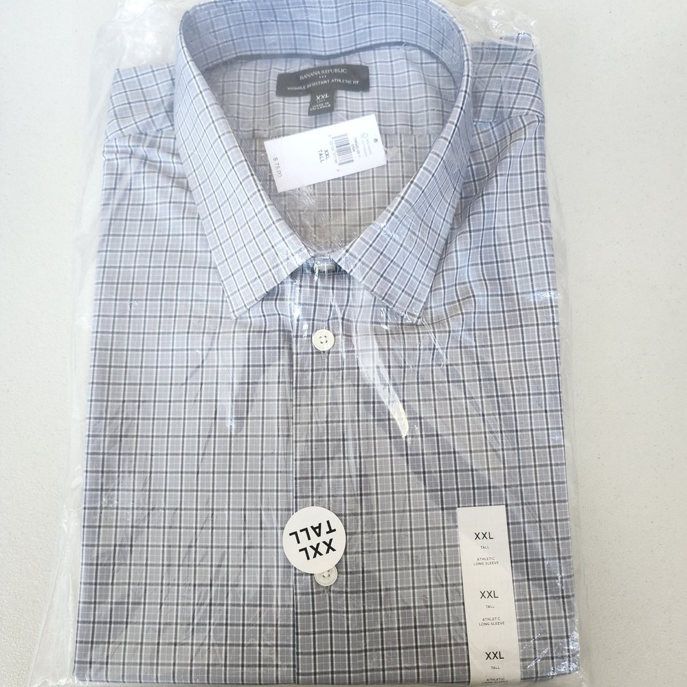 Banana Republic Mens XXL Tall Plaid Shirt Wrinkle Resistant Athletic Fit Grey